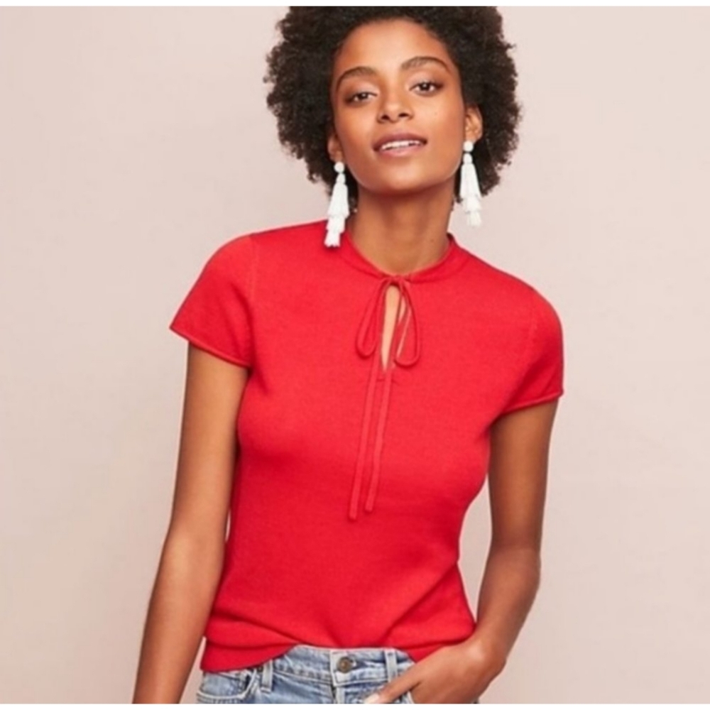 Anthro Ett Twa Red Merino Wool Short Sleeve Sweater Top